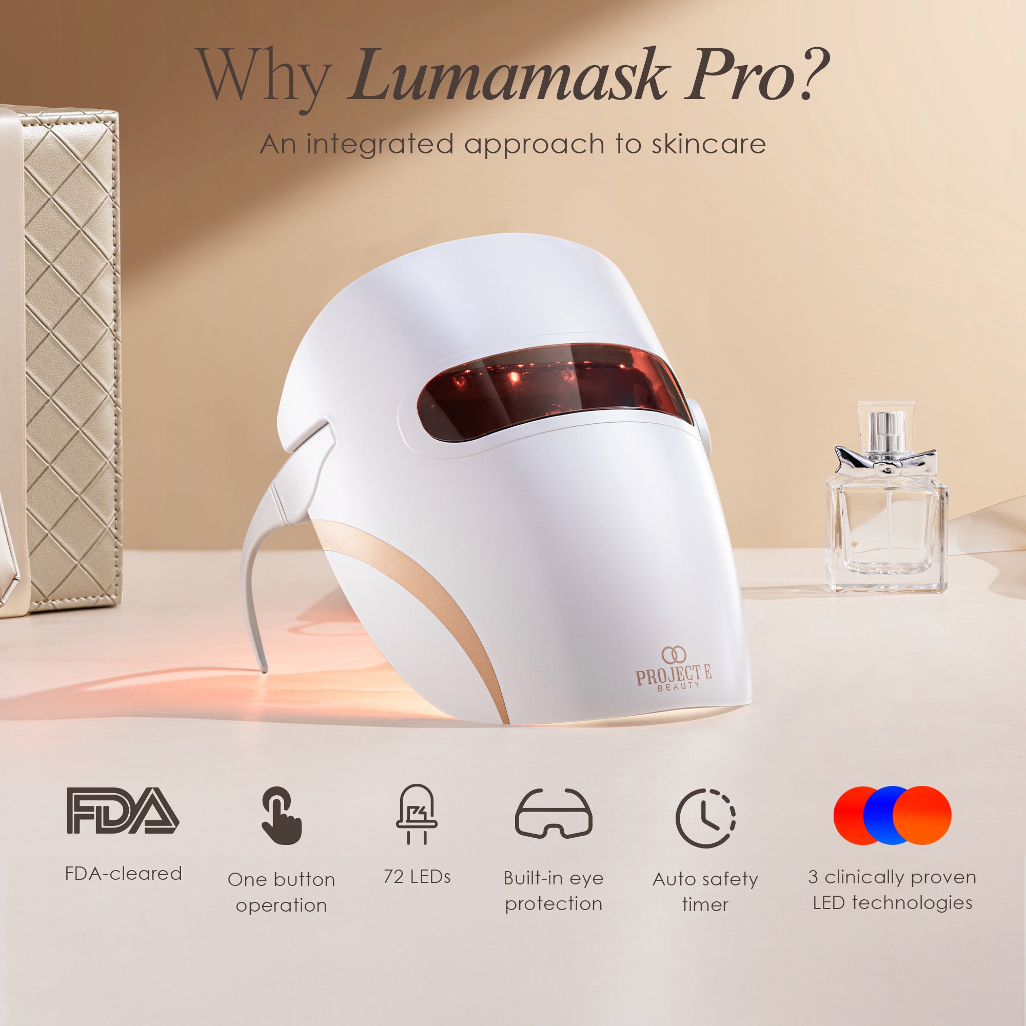 Lumamask Pro LED light therapy face mask showing features such as 72 LEDs and auto safety timer