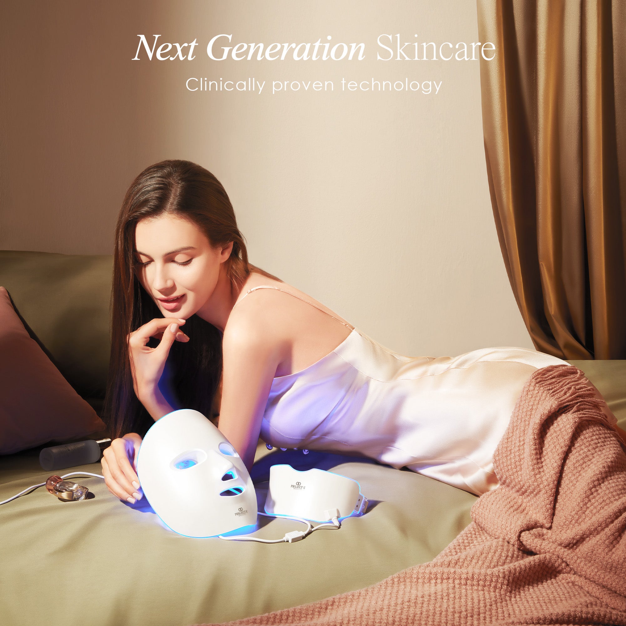 LightAura Plus LED face & neck mask showing a model with the mask